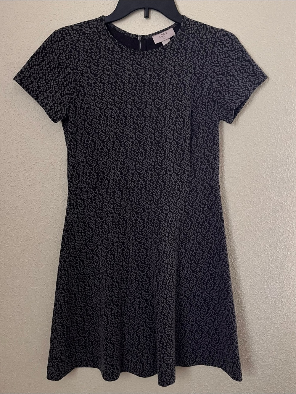 LOFT Black Mini Dress with Subtle Gray Floral Print
